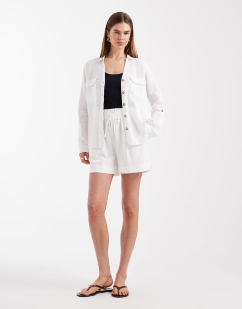 Vero Moda – Set aus Leinenmix in Weiß, bestehend aus Hemdbluse mit Fronttasche im Utility-Stil und Paperbag-Shorts - view 1