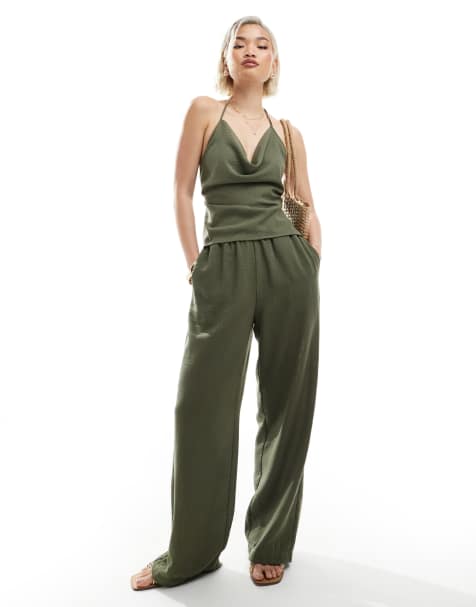 Vero Moda – Set im Leinenlook in Kräutergrün mit Oberteil mit Wasserfalldekolleté und Hose - view 1