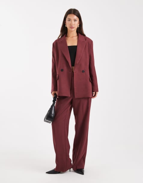 Vero Moda – Set in Burgunderrot mit Fischgrätmuster, aus zweireihigem Blazer und weit geschnittener Hose - view 1