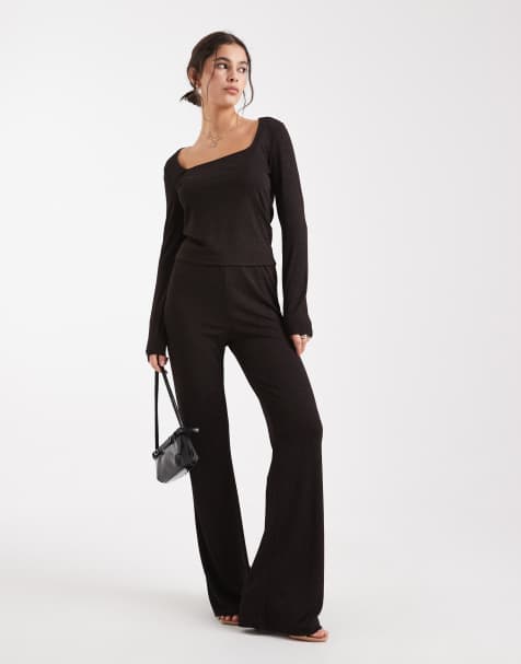 Vero Moda - Set met top met vierkante hals en lange mouwen en broek in chocoladebruin en koper met glitter - view 1