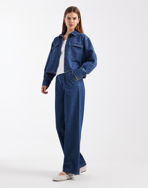 Vero Moda - Set van denim overhemd met utility-zakken en jeans met wijde pijpen en geplooide voorkant in medium blauw - view 1