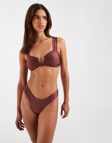 Vero Moda - Set van gerimpeld bikinitopje met U-beugel en gerimpelde tanga-bikinibroekje in bordeauxrood - view 1