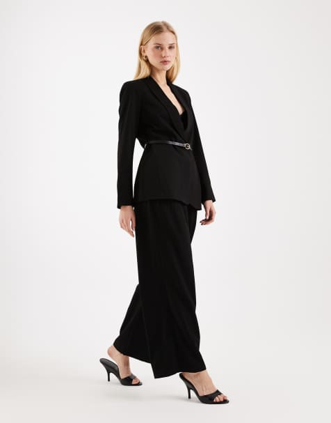 Vero Moda - Set van losvallende blazer met riem en broek met wijde pijpen en riem in zwart - view 1