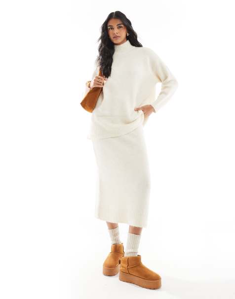 Vero Moda - Set van oversized coltrui en gebreide midirok in gemêleerd crème - view 1