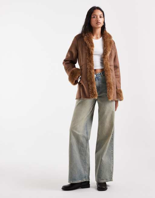 Vero Moda shearling lined suede-look jacket in brown, 2 of 4