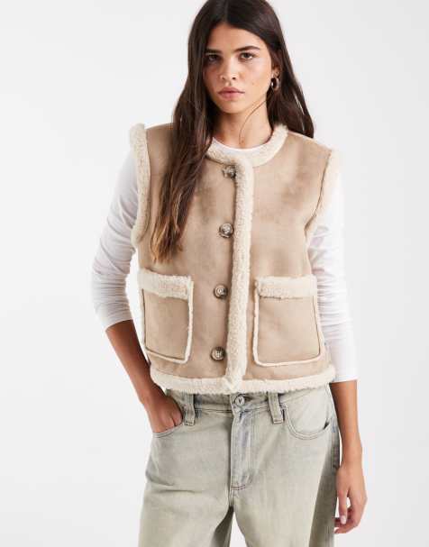 Vero Moda shearling lined suede-look vest in neutral - view 1