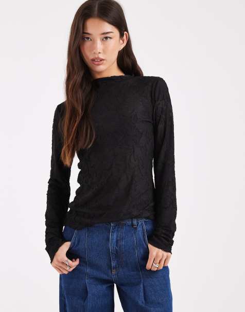 Vero Moda sheer floral burnout longsleeve top in black - view 1