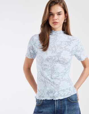 Vero Moda Sheer Floral Burnout T-shirt In Blue