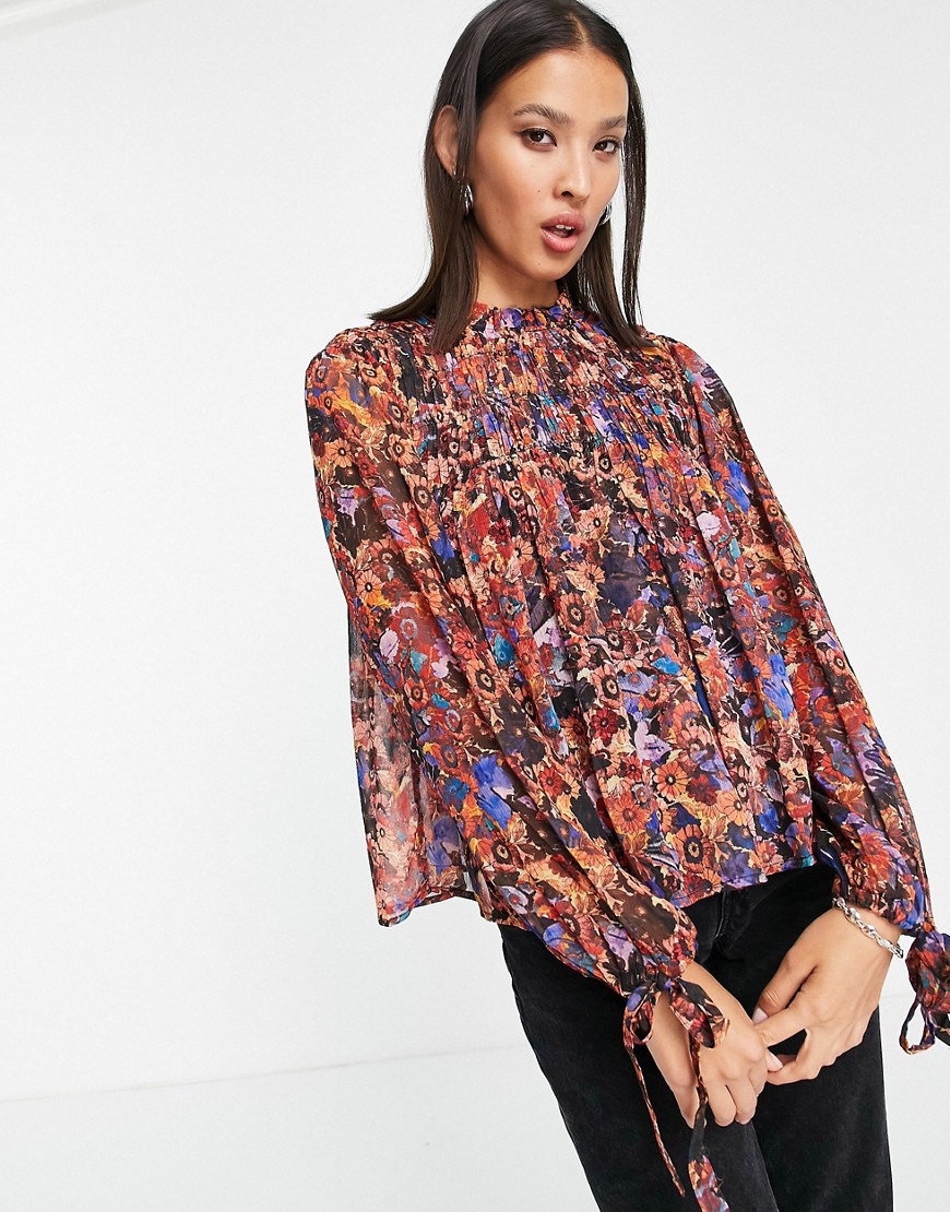 Vero Moda sheer high neck blouse in print-Multi