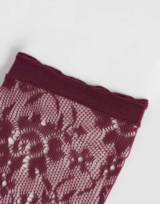 Vero Moda sheer knee high socks with lettuce edge in burgundy, 2 of 3