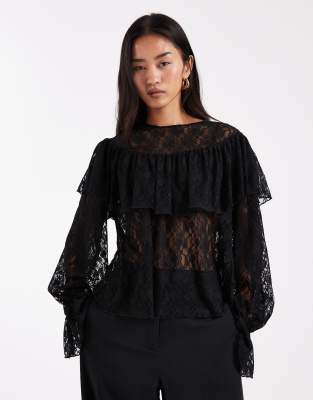 Vero Moda Sheer Lace Blouse With Ruffle Detail With Poet Sleeve In Black