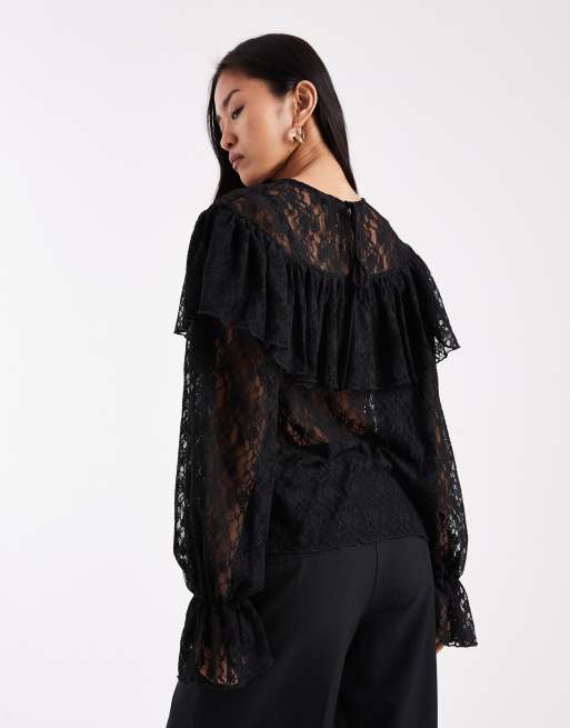 Vero Moda sheer lace blouse with ruffle detail with poet sleeve in black, 2 of 4
