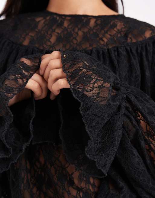 Vero Moda sheer lace blouse with ruffle detail with poet sleeve in black, 3 of 4