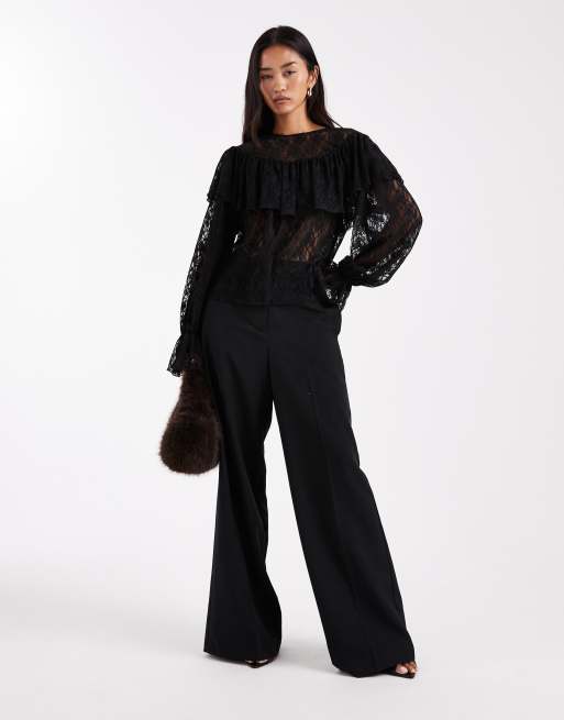 Vero Moda sheer lace blouse with ruffle detail with poet sleeve in black, 4 of 4
