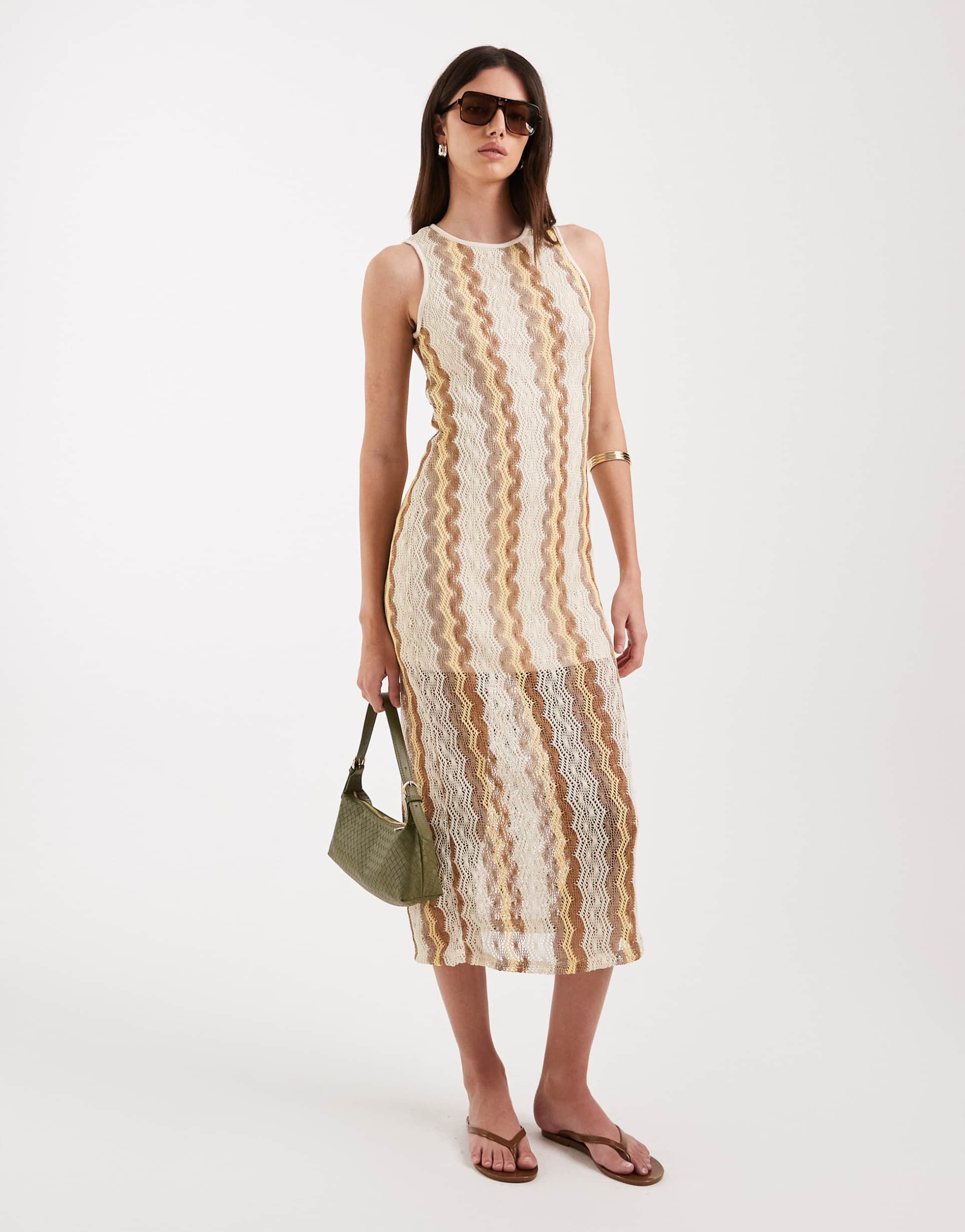 vero moda sheer lined crochet sleeveless midi dress in neutral stripe