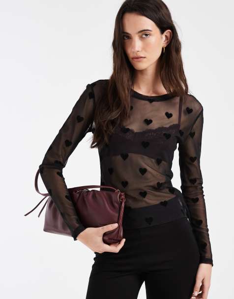 Vero Moda sheer long sleeve mesh top in black with heart flocking - view 1