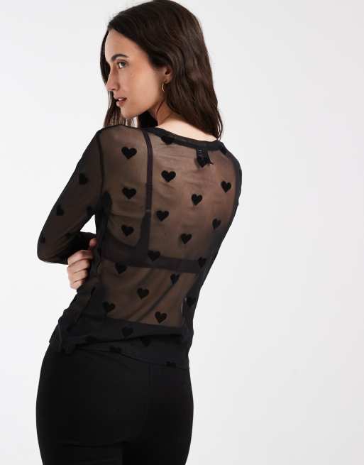 Vero Moda sheer long sleeve mesh top in black with heart flocking, 4 of 4