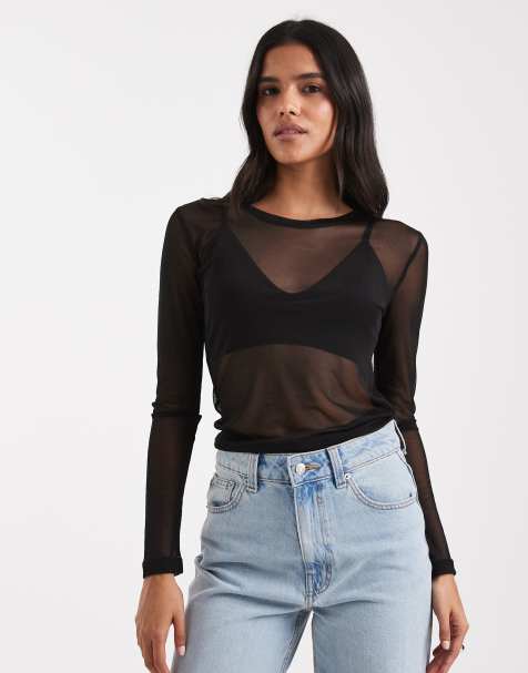 Vero Moda sheer long sleeve mesh top in black