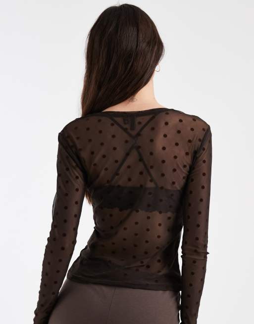Vero Moda sheer long sleeve mesh top in chocolate brown with spots flocking, 4 of 4