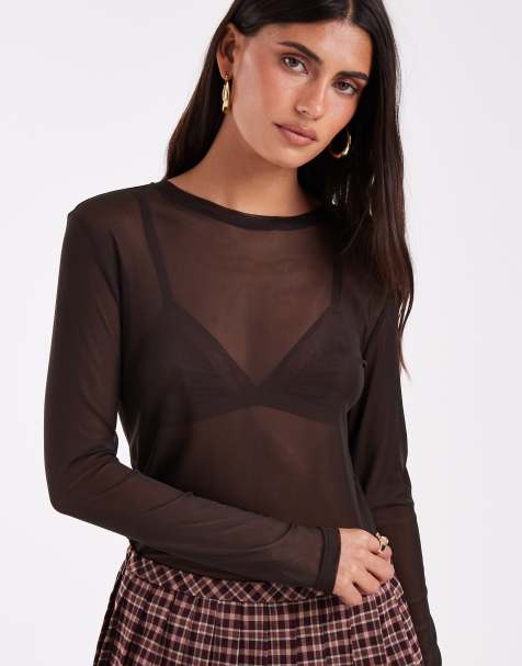 Vero Moda sheer long sleeve mesh top in chocolate brown - view 1