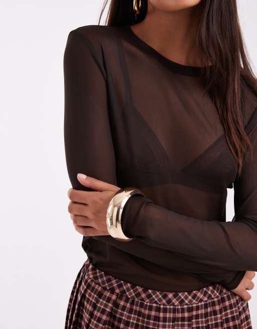 Vero Moda sheer long sleeve mesh top in chocolate brown, 3 of 4