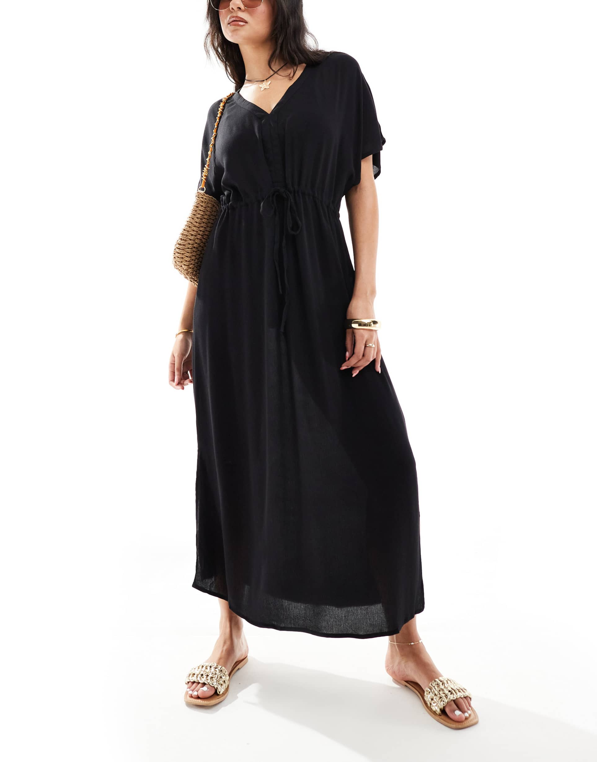 vero moda sheer maxi beach dress in black