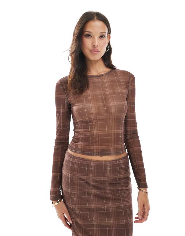Vero Moda sheer mesh long sleeve top in mocha plaid print - part