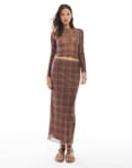 [Vero Moda] Vero Moda sheer mesh maxi skirt in mocha check print (part of a set)-Brunette XXS Mocha check