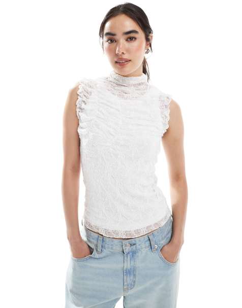 Vero Moda sheer ruched lace sleeveless top in white - view 1