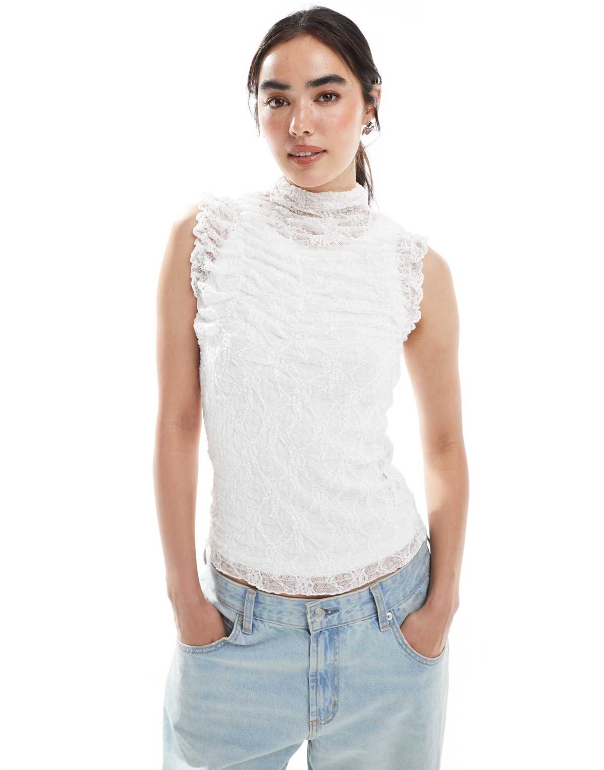 Vero Moda sheer ruched lace sleeveless top in white