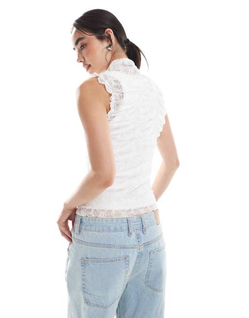 Vero Moda sheer ruched lace sleeveless top in white