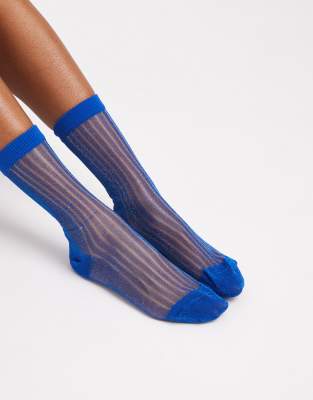 Vero Moda Sheer Stripe Socks In Blue