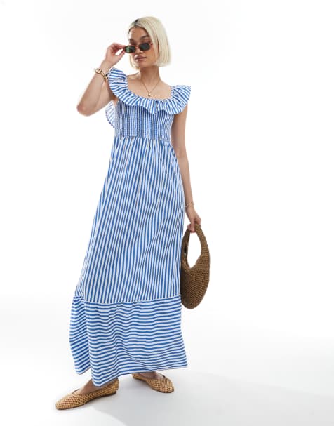 Vero Moda shirred bodice maxi dress with frill sleeve detail in blue & white stripe print - view 1