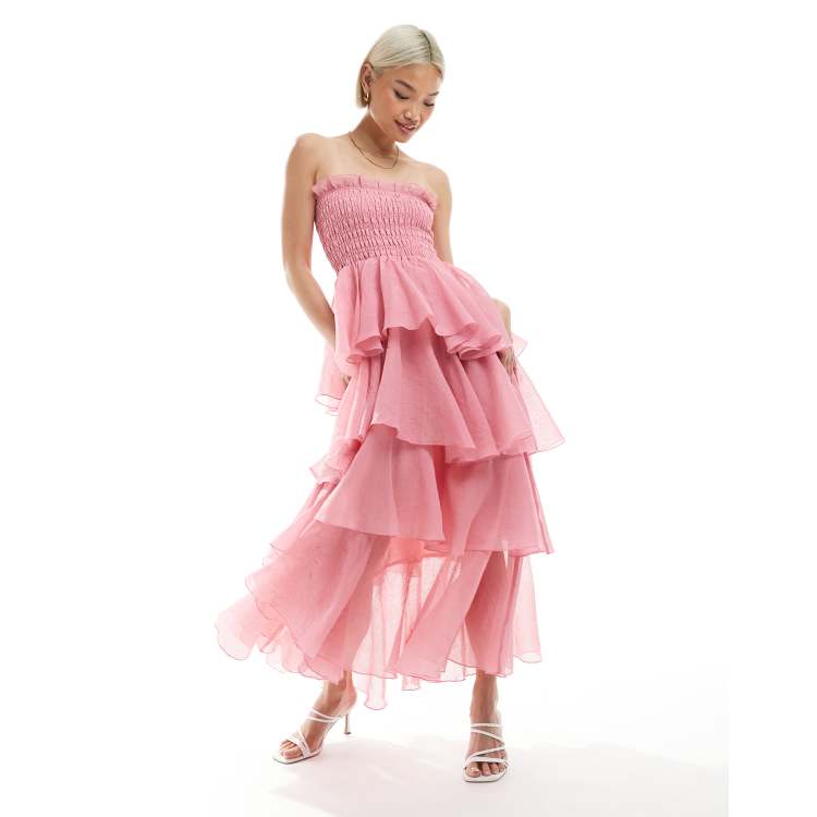 vero moda pink lace dress Vero Moda shirred bodice tiered ruffle hem maxi dress in pink