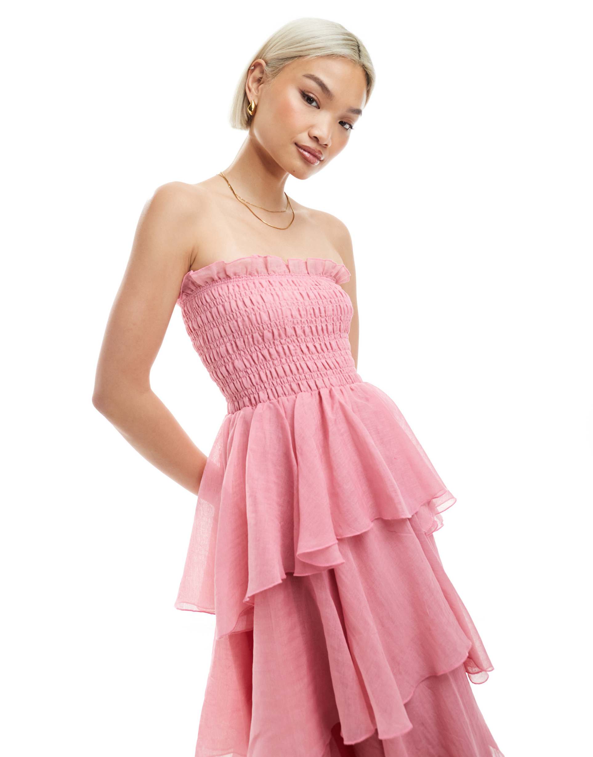 vero moda shirred bodice tiered ruffle hem maxi dress in pink