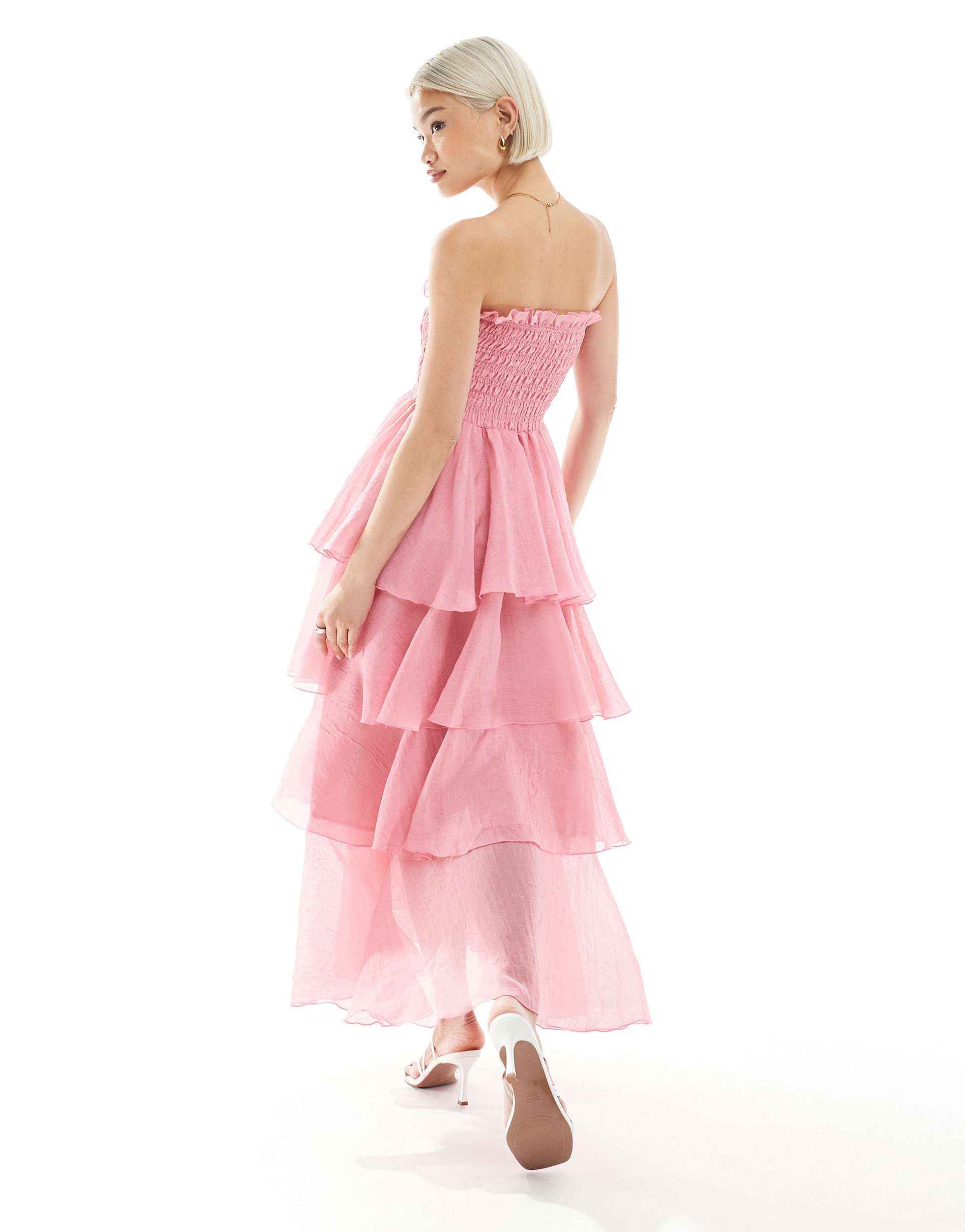 vero moda shirred bodice tiered ruffle hem maxi dress in pink
