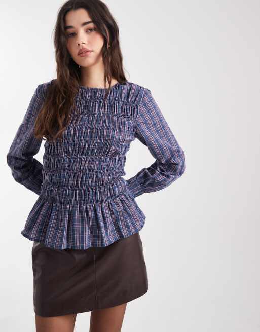 Vero Moda shirred bodice top with poet sleeve in burgundy and blue plaid, 2 of 4