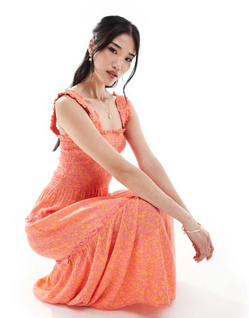 Vero Moda shirred cami midi dress in coral floral, 2 of 4