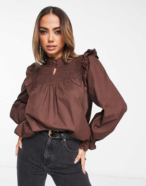 Vero Moda shirred high neck blouse in brown | ASOS