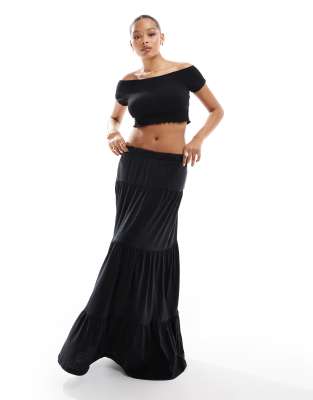 Vero Moda shirred lettuce edge cropped top and tiered maxi skirt co-ord in black