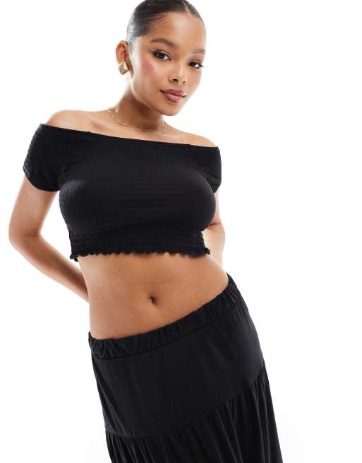 Vero Moda shirred lettuce edge cropped top in black (part of a set)
