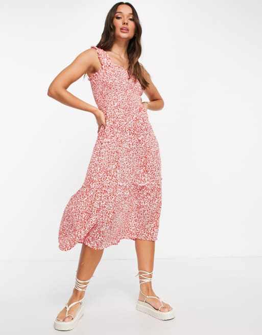 Vero Moda shirred midi dress in bright red floral