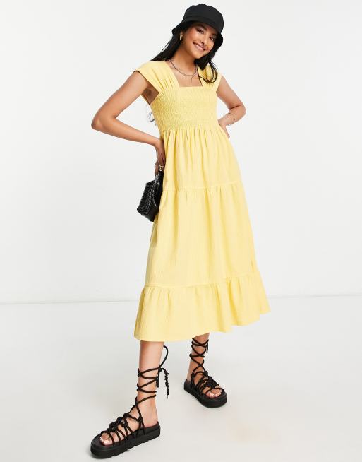 Vero Moda shirred midi dress in yellow | ASOS