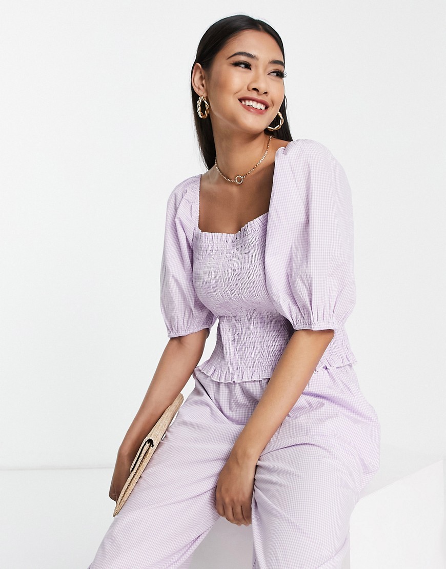 Vero Moda shirred puff sleeve blouse co-ord in lilac check-Purple