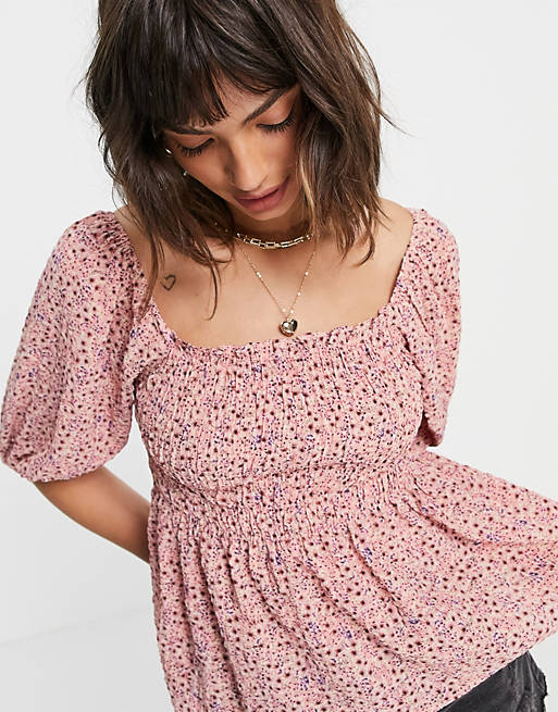 Vero Moda shirred smock blouse co-ord in pink floral