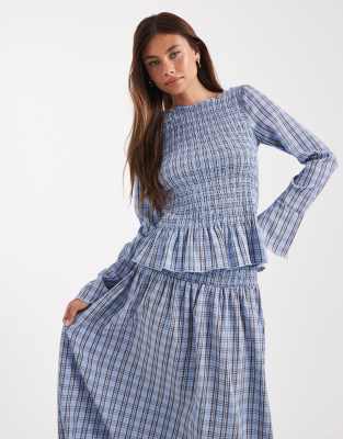 Vero Moda shirred top co-ord in blue and brown check print