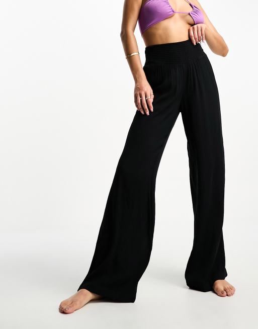 Vero Moda shirred waist beach pants in black