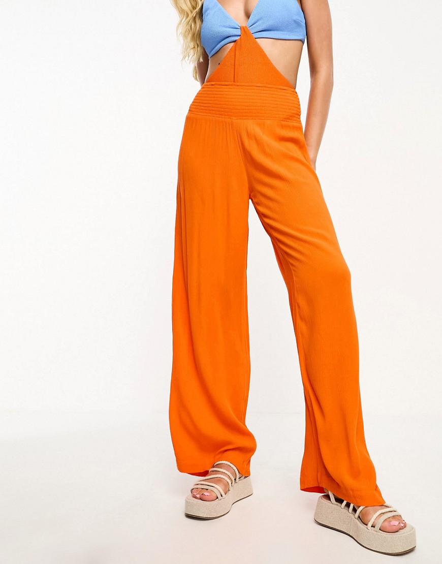 Vero Moda Shirred Waist Beach Pants In Orange