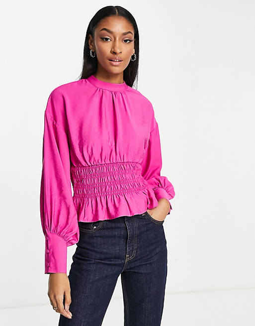 Vero Moda shirred waist high neck blouse in pink