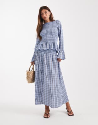 shirred waist maxi skirt in blue and brown plaid print - part of a set